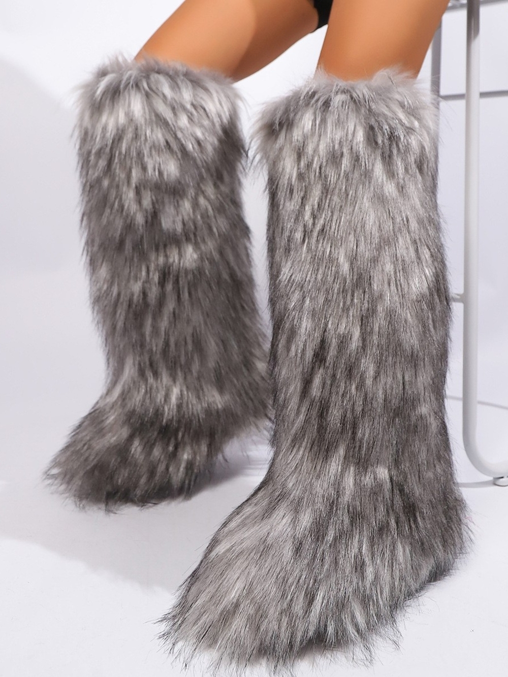 Faux Fur Tall Winter Boots - Gray